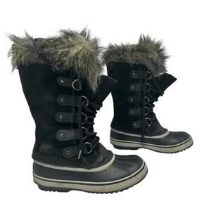 Sorel Joan of Ark‎ Snow Boot Womens 7 Black Suede Faux Fur Waterproof Lace Up